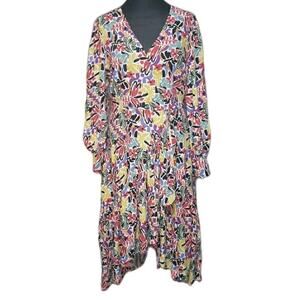 Eloquii Size 14 Abstract Floral Dress Long Puff Sleeve Asymmetrical Ruffle Hem